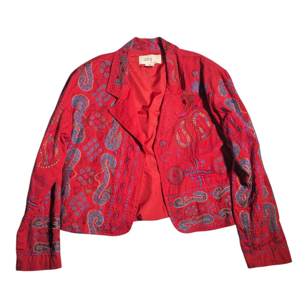 Vtg Y2K Anu Red Blue Paisley Floral Embroidered Open Front Blazer Jacket Sz M